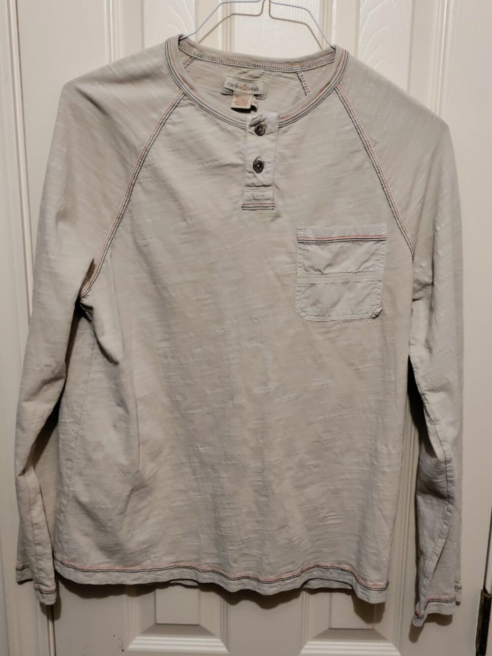 Carbon2Cobalt M Men's Henley Textured Shirt White 100% Cotton LS Pocket